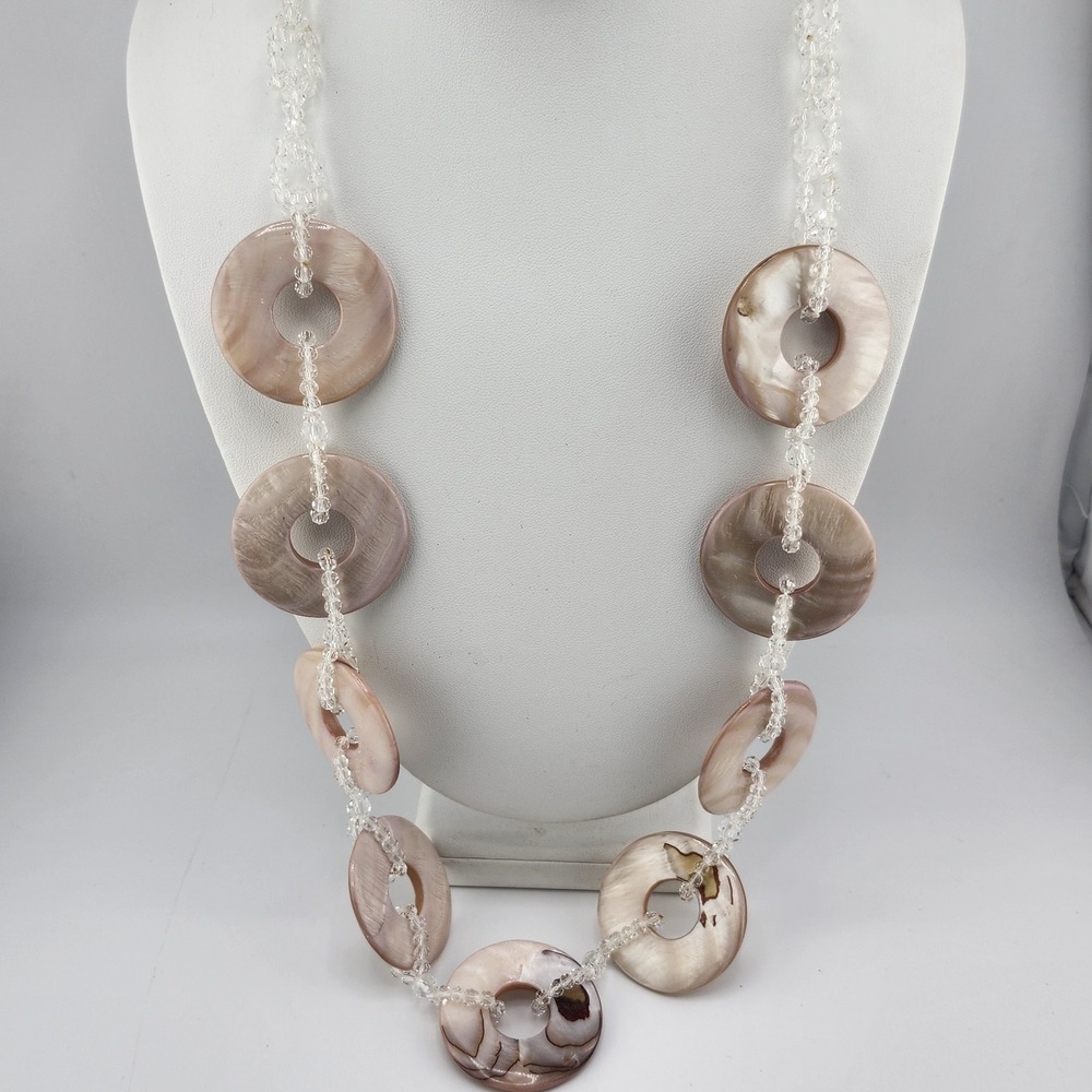 Long Pink And Beige Shell Circle Necklace